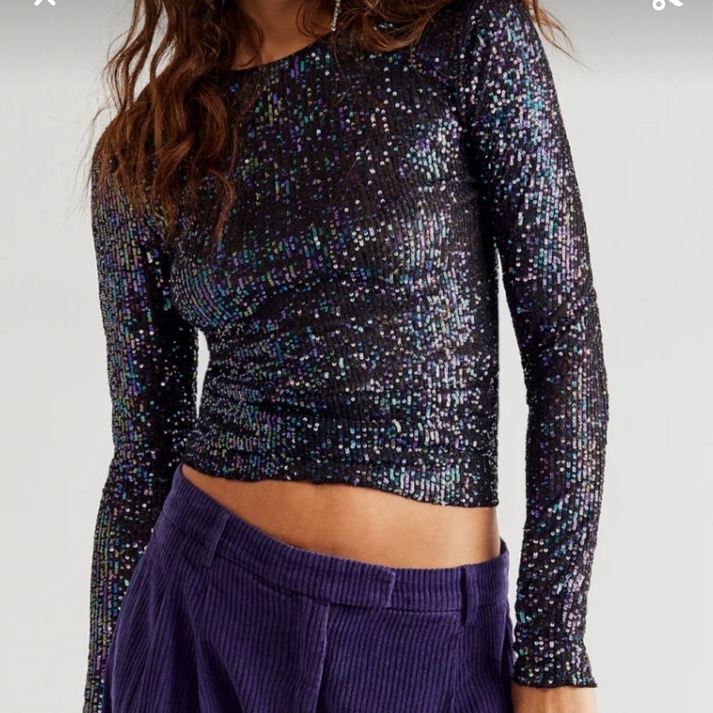 Free People Purple Sequin Long Sleeve Crop Top